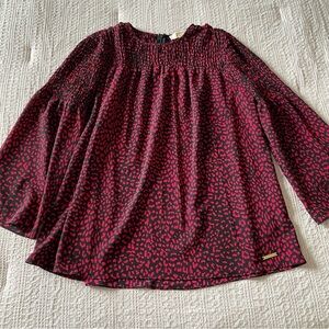 Michael Kors Blouse Long Sleeve Smocked Pink Red Black Pattern Bell Sleeve Small